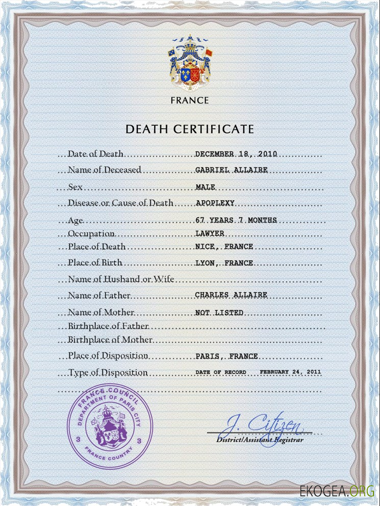 Modèle PSD de certificat de décès de l'état civil de France